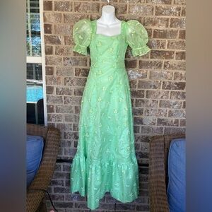70s Lime Green Floral Puff Sleeve Prairie Maxi Dress Prom Size XS/S Homemade